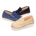 Classic kids suede leather Moccasin shoes with detail mask and spring summer soles.