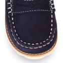 Classic kids suede leather Moccasin shoes with detail mask and spring summer soles.