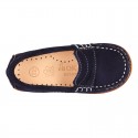 Classic kids suede leather Moccasin shoes with detail mask and spring summer soles.