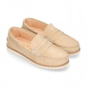 Classic toddler kids suede leather Moccasin shoes with detail mask and spring summer soles.