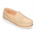 Classic toddler kids suede leather Moccasin shoes with detail mask and spring summer soles.