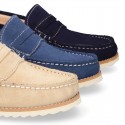 Classic toddler kids suede leather Moccasin shoes with detail mask and spring summer soles.