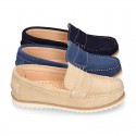 Classic toddler kids suede leather Moccasin shoes with detail mask and spring summer soles.