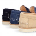 Classic toddler kids suede leather Moccasin shoes with detail mask and spring summer soles.