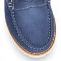 Classic toddler kids suede leather Moccasin shoes with detail mask and spring summer soles.