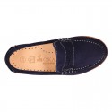 Classic toddler kids suede leather Moccasin shoes with detail mask and spring summer soles.