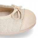 METAL LINEN Canvas Little Girl Mary Jane shoes with hook and loop strap closure.