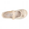METAL LINEN Canvas Little Girl Mary Jane shoes with hook and loop strap closure.