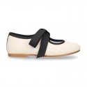 Little Angel style girl ballet flat shoes in LINEN with ties closure in contrast.