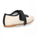 Little Angel style girl ballet flat shoes in LINEN with ties closure in contrast.