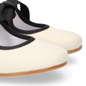 Little Angel style girl ballet flat shoes in LINEN with ties closure in contrast.