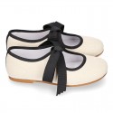 Little Angel style girl ballet flat shoes in LINEN with ties closure in contrast.