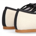 Little Angel style girl ballet flat shoes in LINEN with ties closure in contrast.