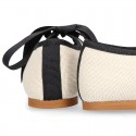 Little Angel style girl ballet flat shoes in LINEN with ties closure in contrast.