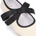 Little Angel style girl ballet flat shoes in LINEN with ties closure in contrast.