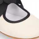 Little Angel style girl ballet flat shoes in LINEN with ties closure in contrast.