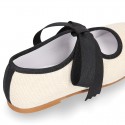 Little Angel style girl ballet flat shoes in LINEN with ties closure in contrast.