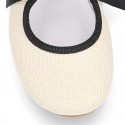 Little Angel style girl ballet flat shoes in LINEN with ties closure in contrast.