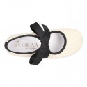 Little Angel style girl ballet flat shoes in LINEN with ties closure in contrast.