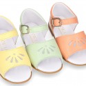 Nappa leather little Girl Sandal shoes with buckle fastening in seasonal colors.