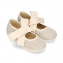 Girl LINEN canvas Ballet Flat shoes or Mary Jane shoes angel style with big ribbon closure.