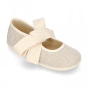 Girl LINEN canvas Ballet Flat shoes or Mary Jane shoes angel style with big ribbon closure.