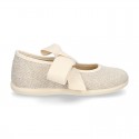 Girl LINEN canvas Ballet Flat shoes or Mary Jane shoes angel style with big ribbon closure.