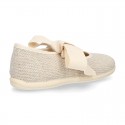 Girl LINEN canvas Ballet Flat shoes or Mary Jane shoes angel style with big ribbon closure.