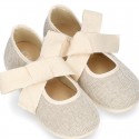 Girl LINEN canvas Ballet Flat shoes or Mary Jane shoes angel style with big ribbon closure.