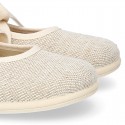 Girl LINEN canvas Ballet Flat shoes or Mary Jane shoes angel style with big ribbon closure.