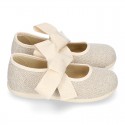 Girl LINEN canvas Ballet Flat shoes or Mary Jane shoes angel style with big ribbon closure.