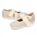 Girl LINEN canvas Ballet Flat shoes or Mary Jane shoes angel style with big ribbon closure.