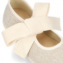 Girl LINEN canvas Ballet Flat shoes or Mary Jane shoes angel style with big ribbon closure.