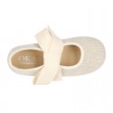 Girl LINEN canvas Ballet Flat shoes or Mary Jane shoes angel style with big ribbon closure.