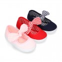 VICHY square design Cotton canvas girl Mary Jane shoes.