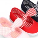 VICHY square design Cotton canvas girl Mary Jane shoes.