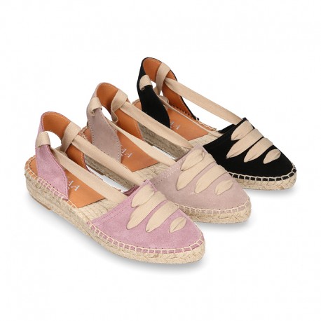 Suede leather Women espadrilles shoes Valenciana style with RIBBONS design.