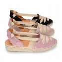 Suede leather Women espadrilles shoes Valenciana style with RIBBONS design.