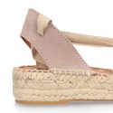 Suede leather Women espadrilles shoes Valenciana style with RIBBONS design.