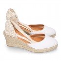 WHITE Cotton canvas wedge woman espadrilles shoes Valenciana style with.