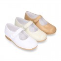 Classic BOXCALF Nappa leather little Mary Janes with hook and loop with button.