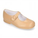 Classic BOXCALF Nappa leather little Mary Janes with hook and loop with button.