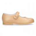 Classic BOXCALF Nappa leather little Mary Janes with hook and loop with button.