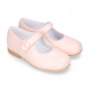 Classic BOXCALF Nappa leather little Mary Janes with hook and loop with button.