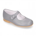 Classic BOXCALF Nappa leather little Mary Janes with hook and loop with button.