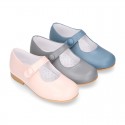 Classic BOXCALF Nappa leather little Mary Janes with hook and loop with button.