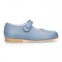 Classic BOXCALF Nappa leather little Mary Janes with hook and loop with button.