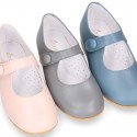 Classic BOXCALF Nappa leather little Mary Janes with hook and loop with button.