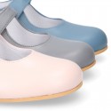 Classic BOXCALF Nappa leather little Mary Janes with hook and loop with button.