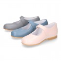 Classic BOXCALF Nappa leather little Mary Janes with hook and loop with button.